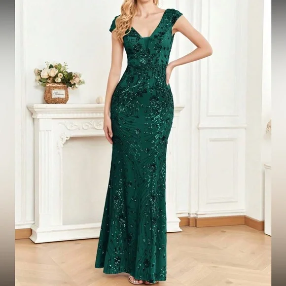 Luxe V neck sequin formal evening party dress